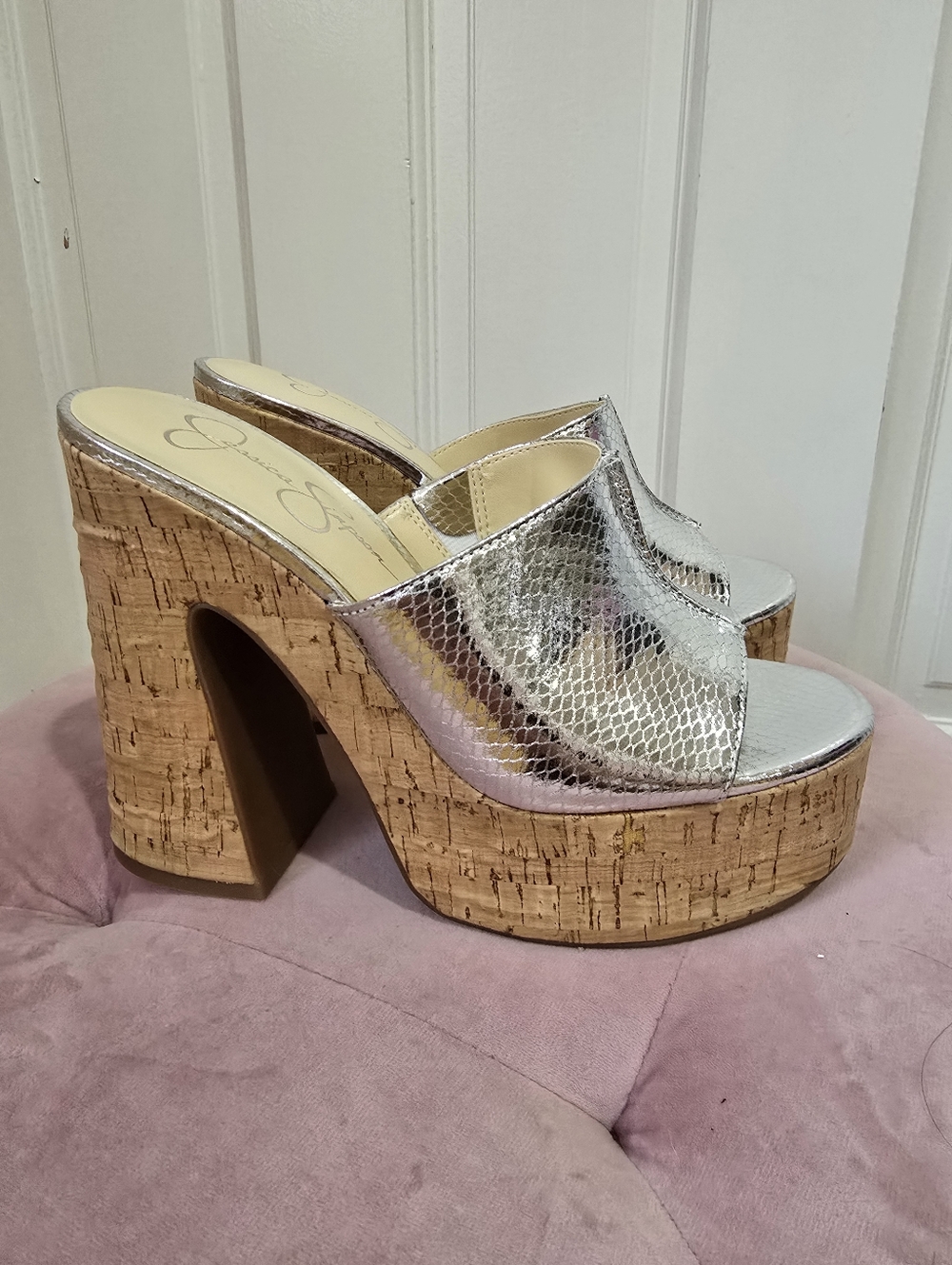 Jessica Simpson Silver Metallic Cork Platform Mules - Picture 3 of 6